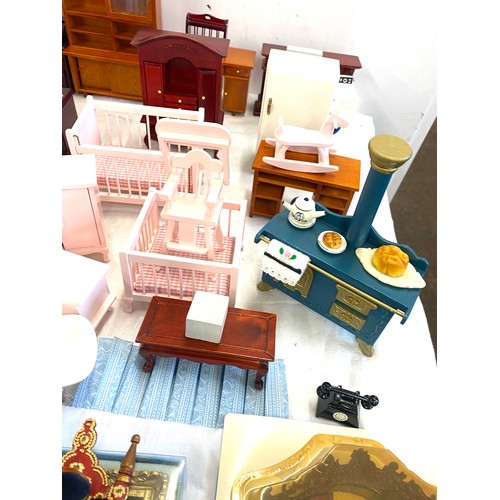 225 - Large selection of vintage and later dolls house furniture includes Bed, Toilet etc