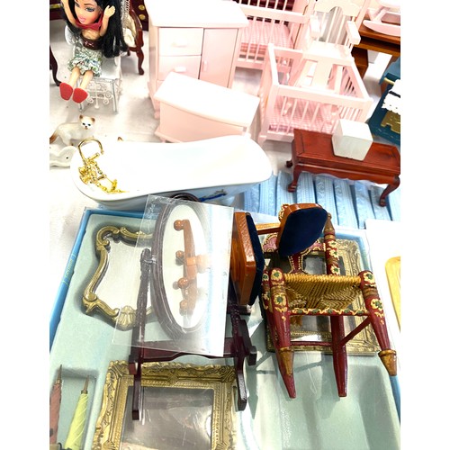 225 - Large selection of vintage and later dolls house furniture includes Bed, Toilet etc