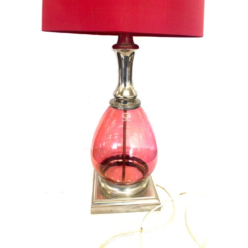 393 - Vintage cranberry glass lamp, working order, total height