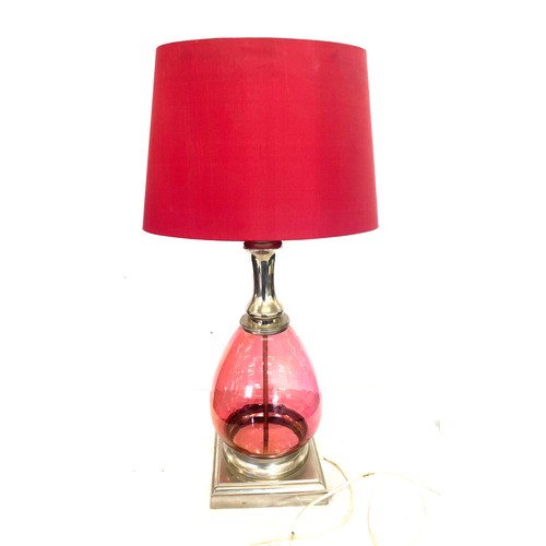 393 - Vintage cranberry glass lamp, working order, total height