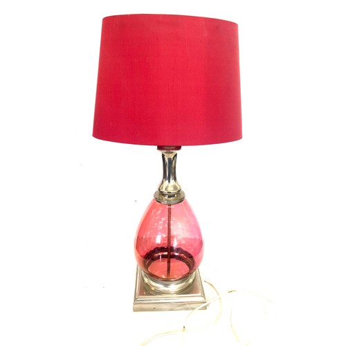 393 - Vintage cranberry glass lamp, working order, total height