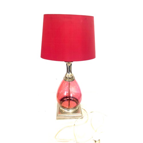 393 - Vintage cranberry glass lamp, working order, total height