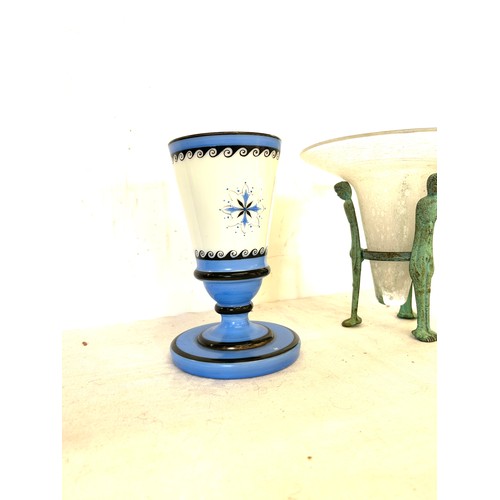 126 - Vintage trumpet vase on a heavy metal stand 8.5 inches tall and a Vintage blue and white vase 8 inch... 