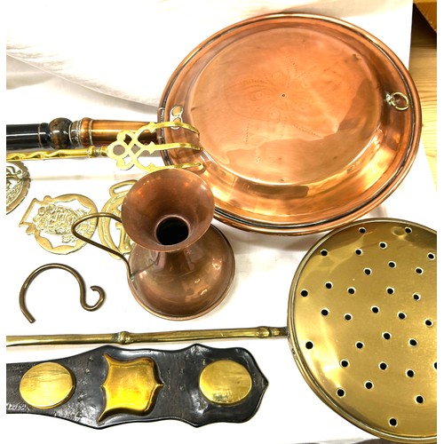 202 - Selection of brass ware includes bed warming pans etc