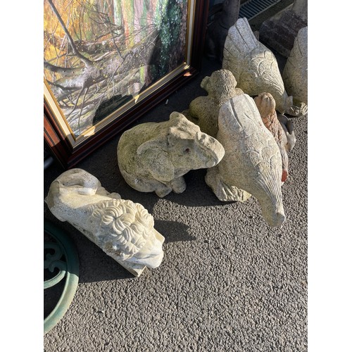 100K - Selection concrete and stone garden ornaments to include elephant, lion, chickens etc