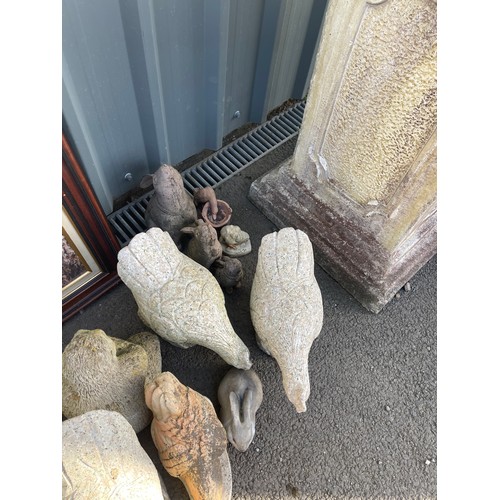 100K - Selection concrete and stone garden ornaments to include elephant, lion, chickens etc