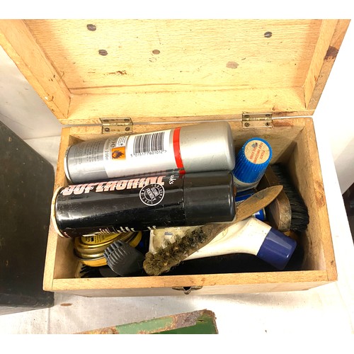 261 - Vintage wooden box with contents and shoe shine box and a steel box.