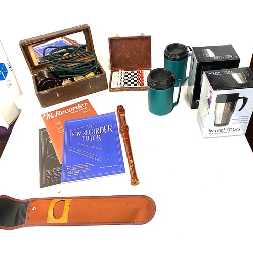 203 - Selection of collectables to include travelling chess, descant recorder, insulated travel mugs, Pifc... 