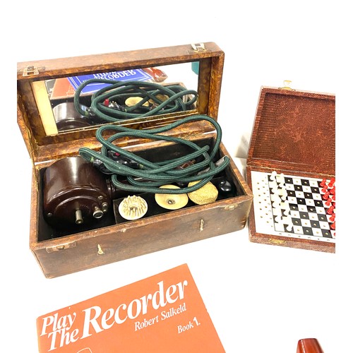 203 - Selection of collectables to include travelling chess, descant recorder, insulated travel mugs, Pifc... 