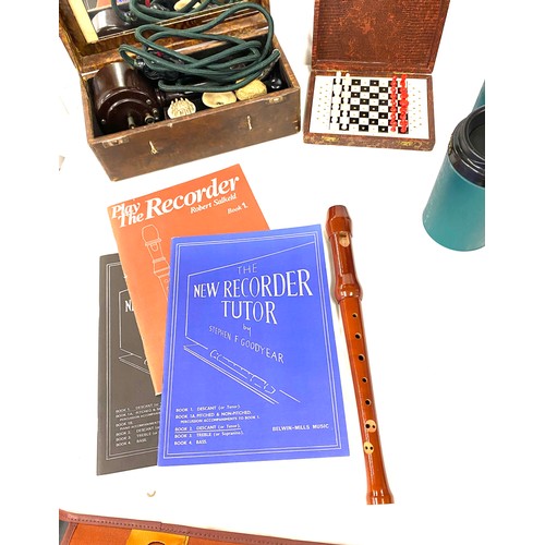 203 - Selection of collectables to include travelling chess, descant recorder, insulated travel mugs, Pifc... 