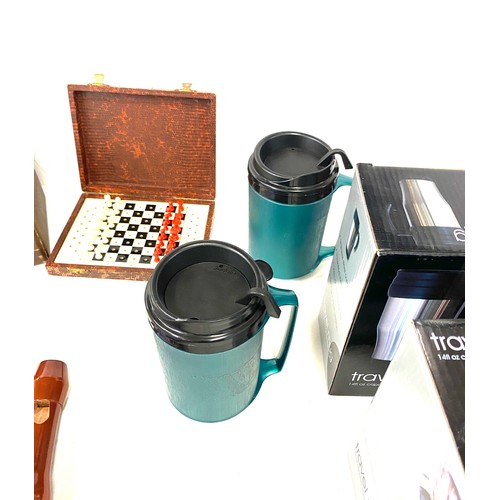 203 - Selection of collectables to include travelling chess, descant recorder, insulated travel mugs, Pifc... 