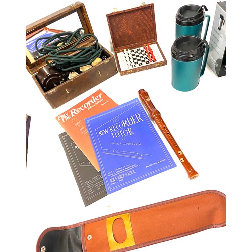 203 - Selection of collectables to include travelling chess, descant recorder, insulated travel mugs, Pifc... 