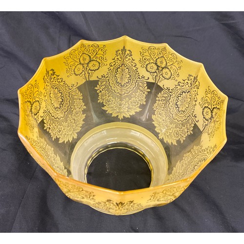 4 - Fine Victorian etched lemon glass oil lamp shade, opening measures approximately 4 inches, Height 7 ... 