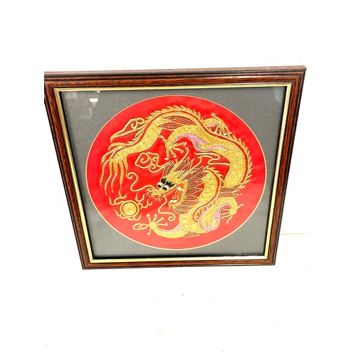 475 - Antique framed Chinese dragon embroidery, gold thread frame measures approximately 29 x 29 cm