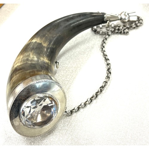 513 - Antique silver mounted unmarked Scottish dress powder horn with foil backed crystal top, dated aroun... 