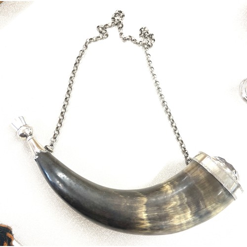 513 - Antique silver mounted unmarked Scottish dress powder horn with foil backed crystal top, dated aroun... 