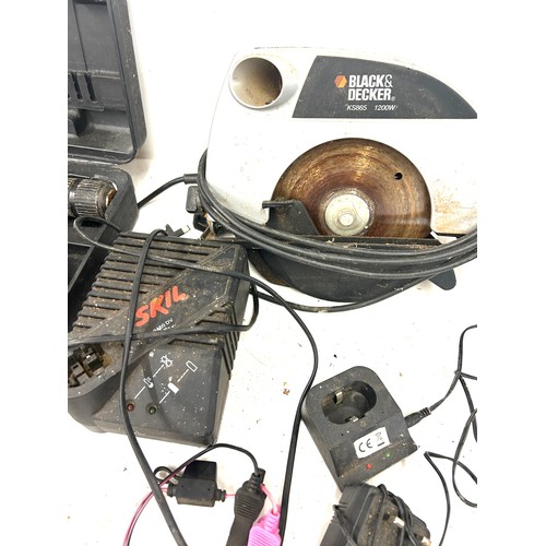 274 - Selection of tools includes Black and decker circle saw, drills, battery charger etc