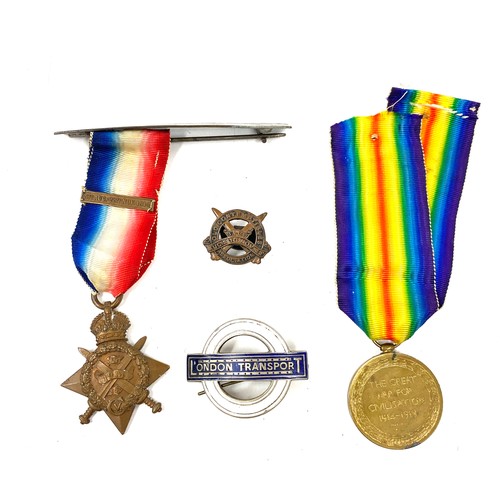 524 - 2 WW1 Medals named DVR.R.Millington 54938 and SJT.R.Millington plus a enamel London transport badge ... 