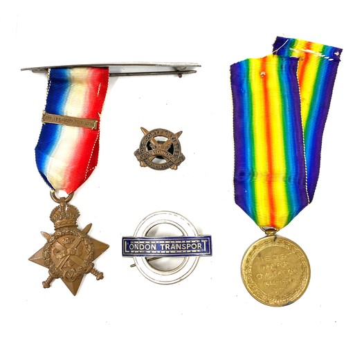 524 - 2 WW1 Medals named DVR.R.Millington 54938 and SJT.R.Millington plus a enamel London transport badge ... 