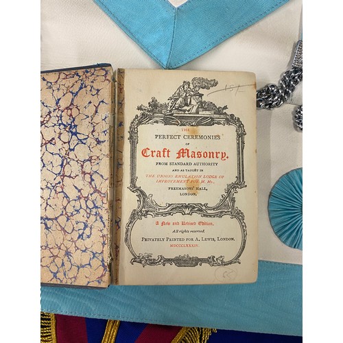 157 - 2 Masonic cases with a large selection of masonic aprons, jewels, ropes, silver and enamel cufflinks... 