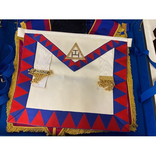 157 - 2 Masonic cases with a large selection of masonic aprons, jewels, ropes, silver and enamel cufflinks... 