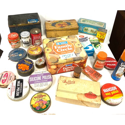 318 - Large collection of vintage packaging and advertising tins, to include Robin Starch, Rowntrees Cocoa... 