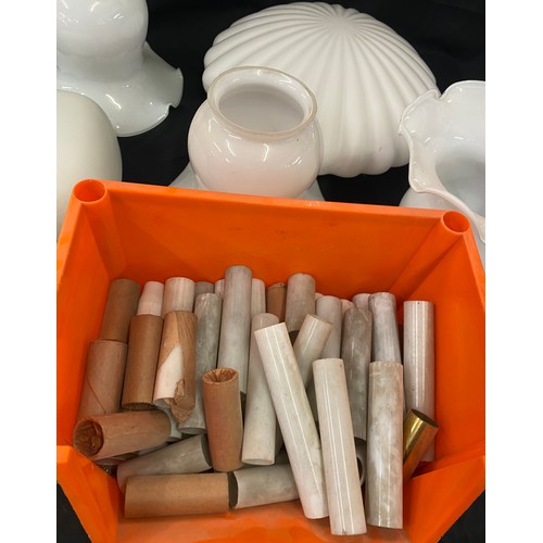 273 - Box of light fittings and glass shades with a box of Chandelier candle tubes