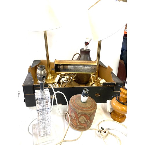 196 - Large selection of assorted lamps includes brass desk lamp, pottery lamps etc all untested