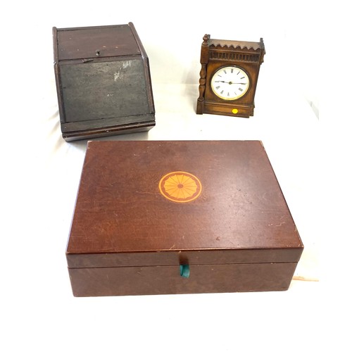 133 - Selection of wooden items includes clock, writing box etc