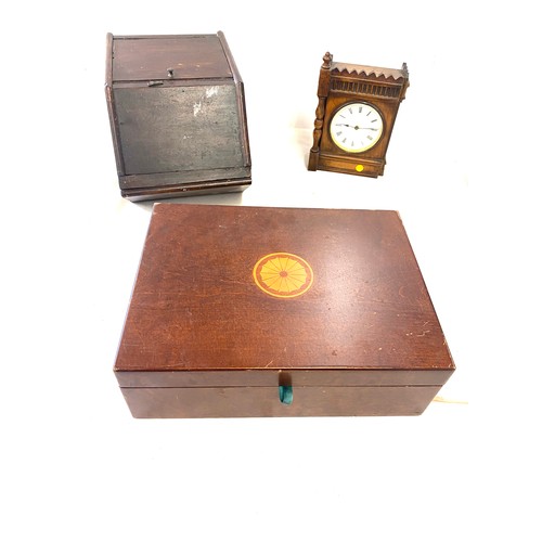 133 - Selection of wooden items includes clock, writing box etc