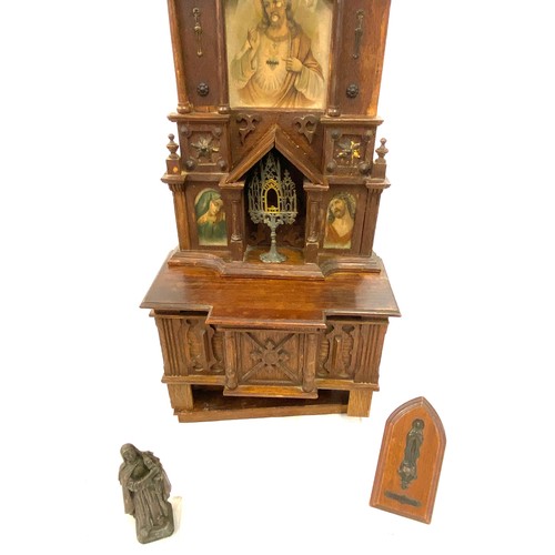 109 - Vintage wooden altar with metal figure and candle holder.