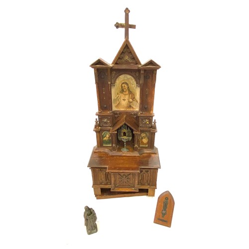 109 - Vintage wooden altar with metal figure and candle holder.