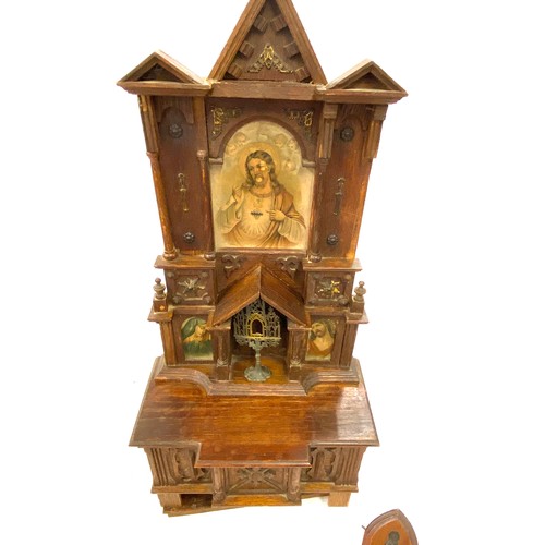 109 - Vintage wooden altar with metal figure and candle holder.