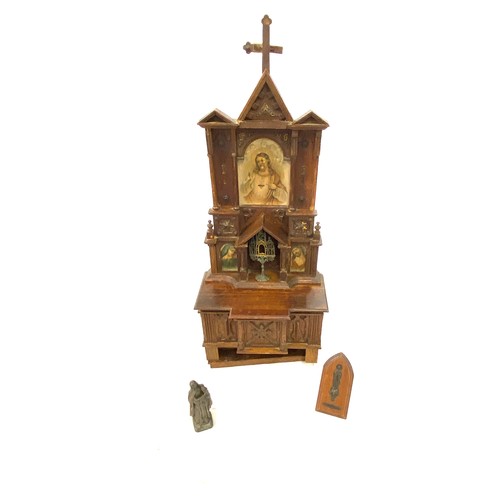 109 - Vintage wooden altar with metal figure and candle holder.