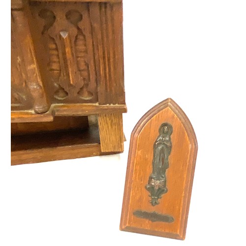 109 - Vintage wooden altar with metal figure and candle holder.