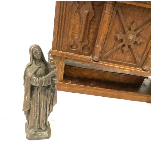 109 - Vintage wooden altar with metal figure and candle holder.