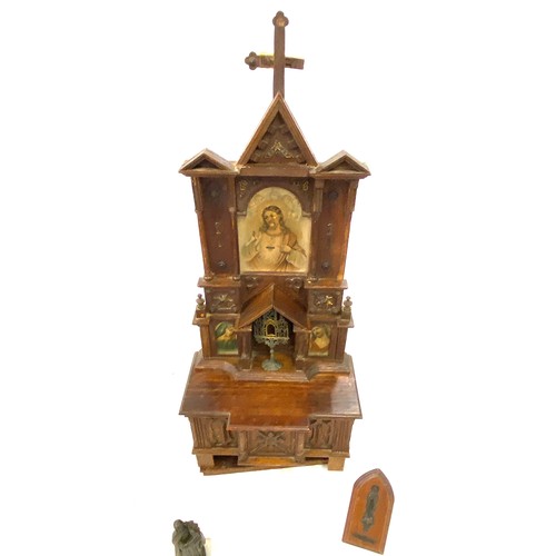 109 - Vintage wooden altar with metal figure and candle holder.