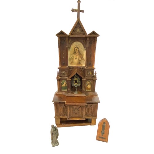 109 - Vintage wooden altar with metal figure and candle holder.