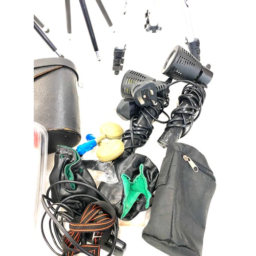 264 - Selection of camera equipment includes stands, Miranda binoculars etc