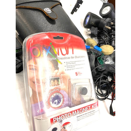 264 - Selection of camera equipment includes stands, Miranda binoculars etc