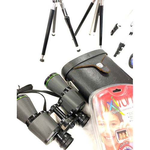 264 - Selection of camera equipment includes stands, Miranda binoculars etc