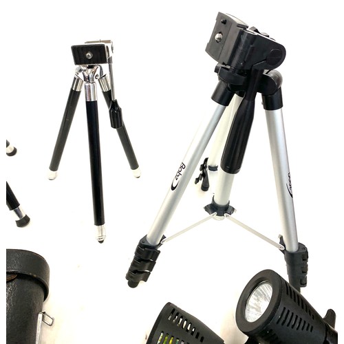 264 - Selection of camera equipment includes stands, Miranda binoculars etc