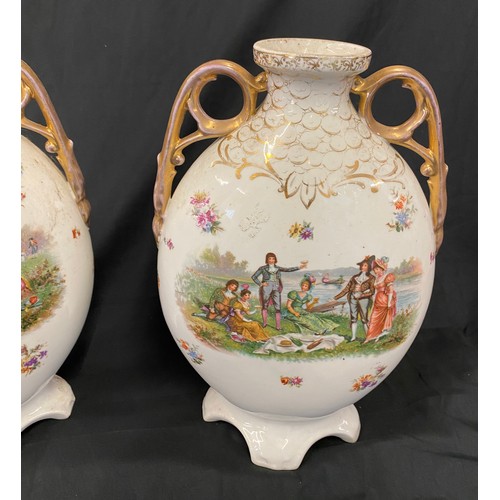 62 - Pair of vintage 2 handled hand painted vases 13 inches tall