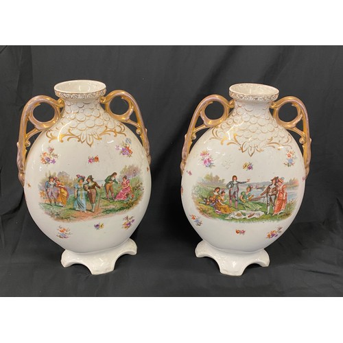 62 - Pair of vintage 2 handled hand painted vases 13 inches tall