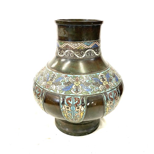 143 - Large oriental enamel metal vase, 17 inches tall