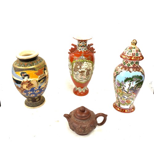 159 - Selection of oriental pottery includes hand painted vases, lidded vases etc