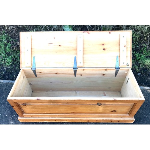 586 - Pine blanket box measures approx 20 inches tall 54 inches wide 18 deep