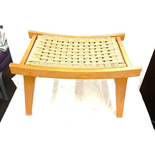 629 - Retro wooden and wicker stool measures approx 12 inches tall 21 inches wide 13 inches wide