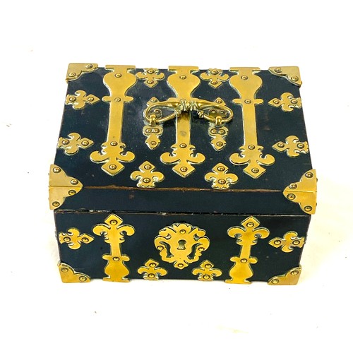 18 - Vintage brass bound box, measures approx 4.5 inches tall 8 inches wide 6 inches depth