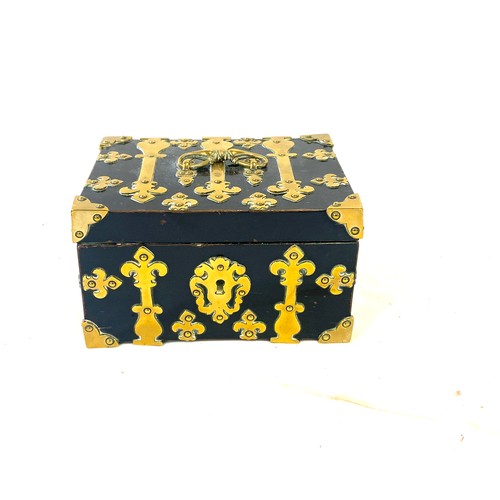 18 - Vintage brass bound box, measures approx 4.5 inches tall 8 inches wide 6 inches depth